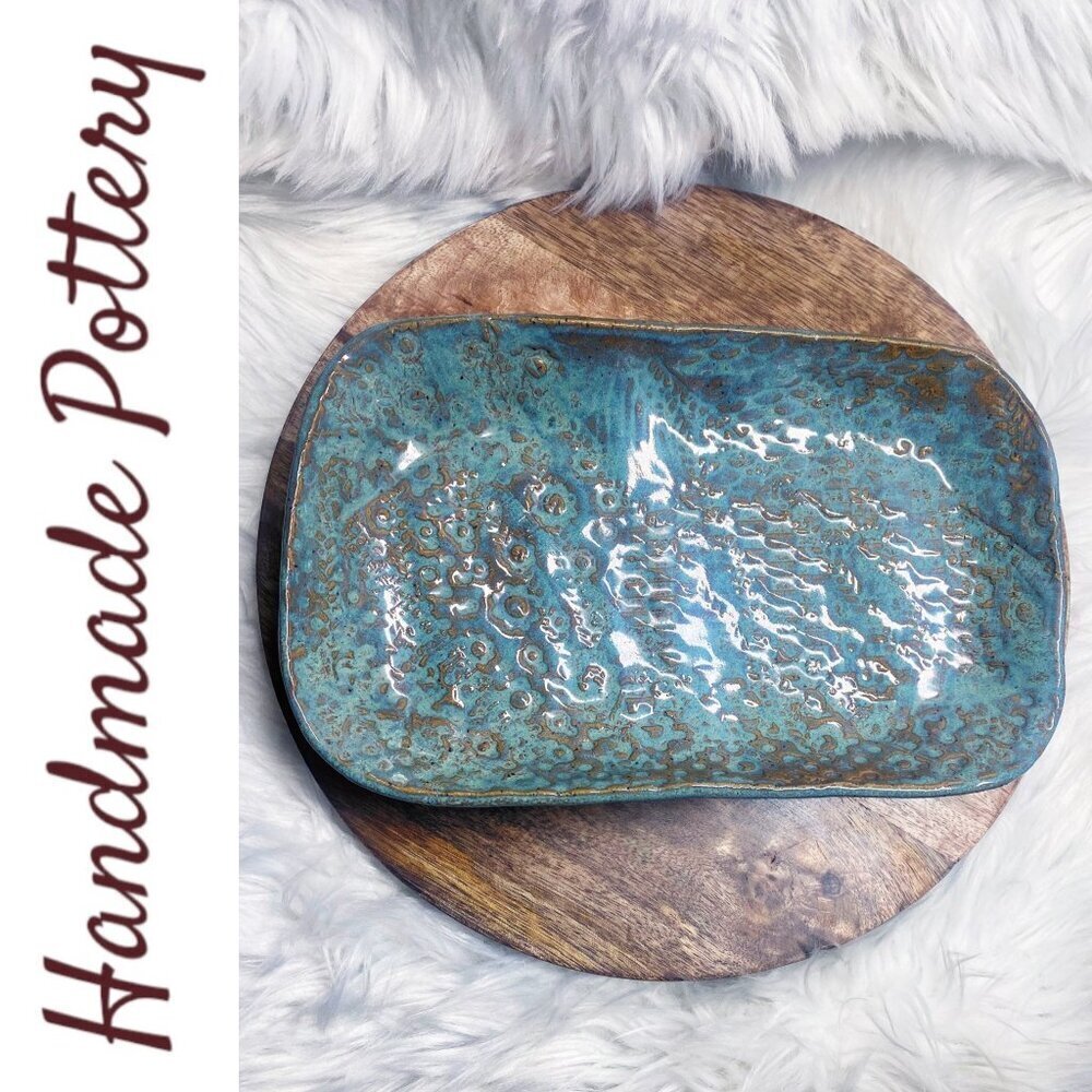 HANDMADE ARTISAN FOOTED‎ TURQUOISE BROWNSTONE TRAY Rectangular Glazed